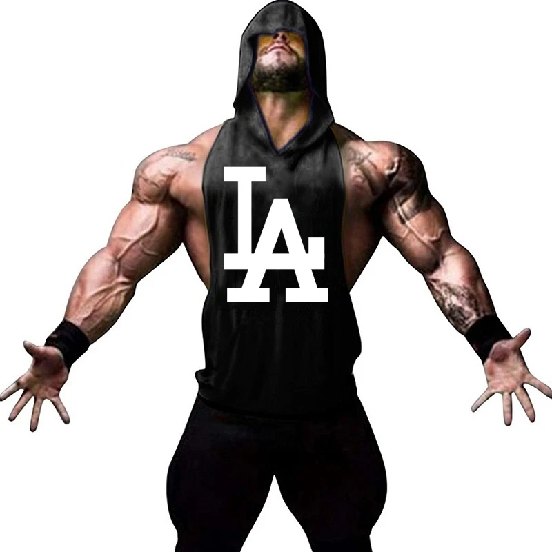 

Men's Gyms Fitness Sleeveless Sport Tank Tops Workout Running Hoodie Vest LA Letter Print Top Male Bodybuilding Gym clothing