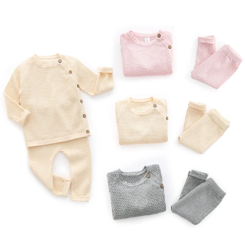 

Winter Autumn Warm Knit Sweater Two-piece Suit Solid Color Baby Clothes Set Boy Girl Baby Pajamas Sets Kids Tops Pant Outfits