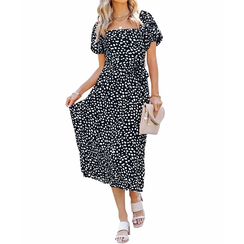 

Women's Dress Summer Fashion Dotted Prints Slim Dress Women's Casual Short Puff Sleeve Square Collar High Waist Pullover Dress