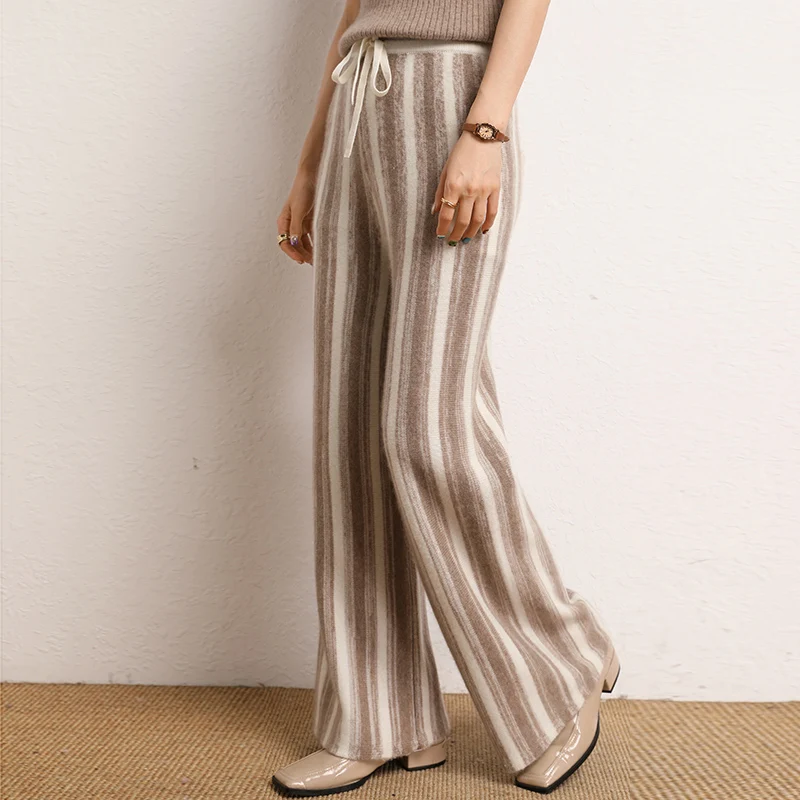 2023 Autumn and Winter New Women 100% Cashmere Pants Soft Comfortable High-Waist Knitted Female Thicken Fashion Wide Leg Pants