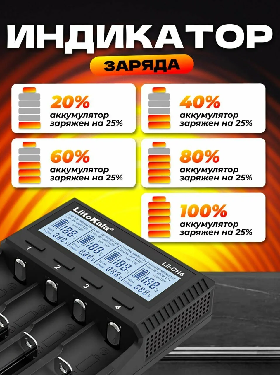 Зарядное устройство LiitoKala Lii CH4 Li-ion, Li-Fe, Ni-CD (266501865014500) 4 слота (art.: 3920d00266ee2) - 3920d00266ee2