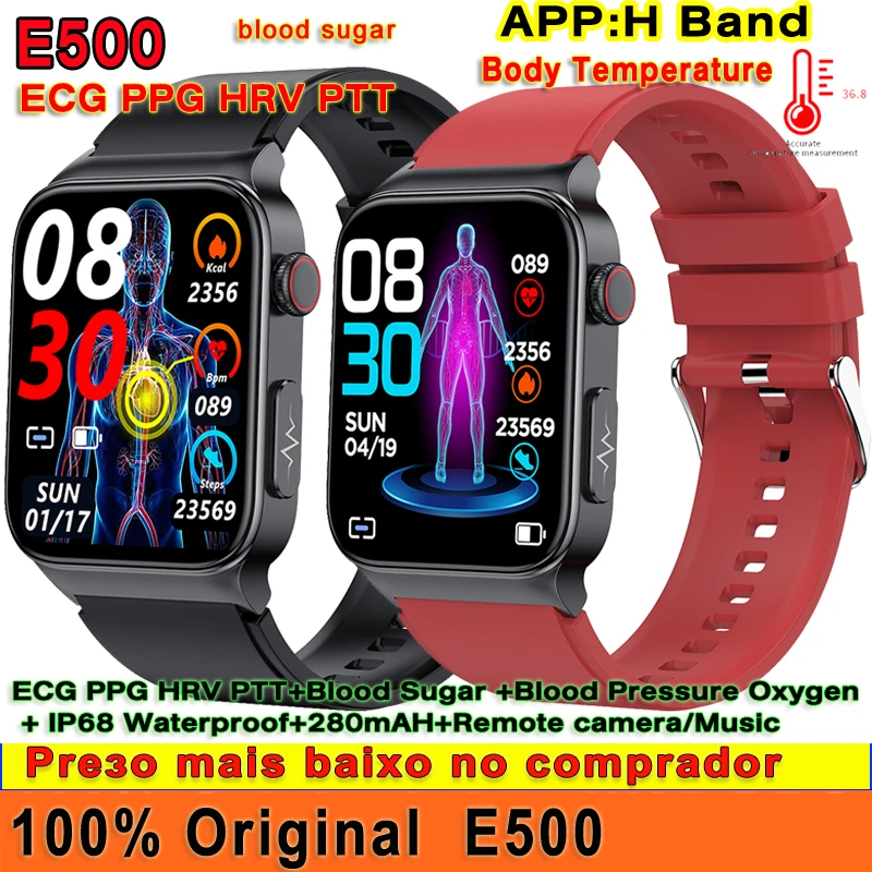 

Original E500 Smart Watch ECG PPG HRV PTT Blood Glucose Blood Pressure Body Temperature Monitor IP68 Waterproof Smartwatch Men