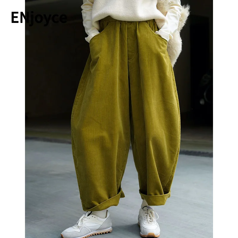 2022 Autumn and Winter New Japanese Style Corduroy Wide Leg Pants Women Casual Elastic Waist Loose Comfy Trousers