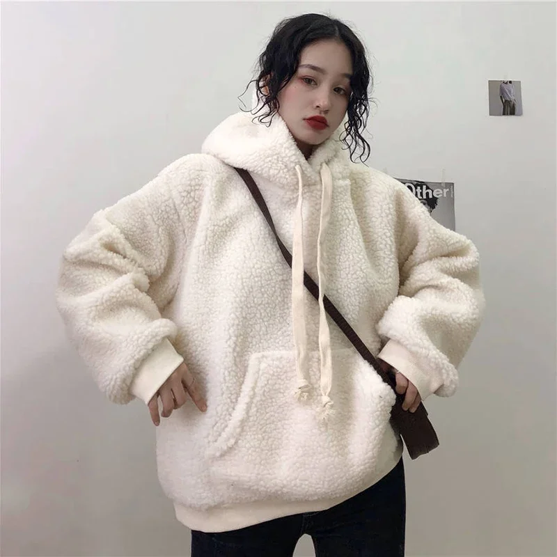 

Fashion Casual Loose Lantern Sleeve Women Hoodies Winter Lamb Wool Velvet Warm Ladies Pullover Pure Color Plus Velvet Thickening