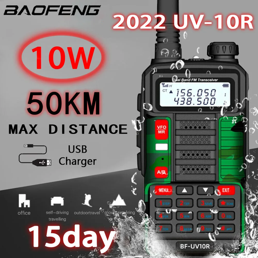 2022 BAOFENG 10W Portable High Power Walkie-Talkie UV-10R 50km VHF UHF Dual Band Two Way CB Ham Radio Transceiver UV5R Upgraded