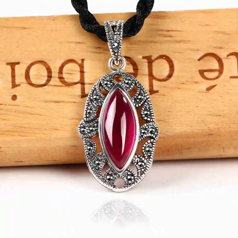 ZHJIASHUN Vintage 100% 925 Sterling Silver Natural Ruby Pendant Necklace Retro Red Gemstones Pendants Jewelry For Women