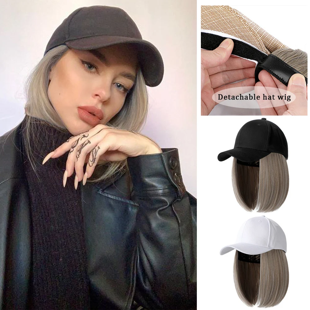 

WEILAI Short Hair Black White Baseball Cap Wig Synthetic Natural Bob Wig Cap with Hair Natural Connection Removable Hat Wig
