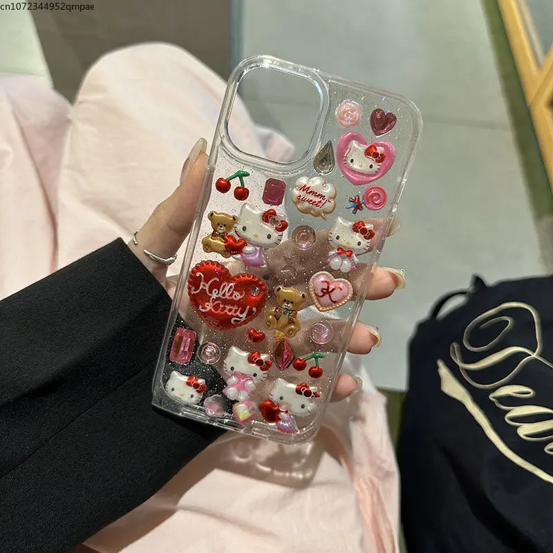 3D Sanrio Hello Kitty Sticker Glitter Phone Case for IPhone 11 12 13 14 Pro Max 14 Pro Y2k Girl Anti-drop Soft Back Cover Gift