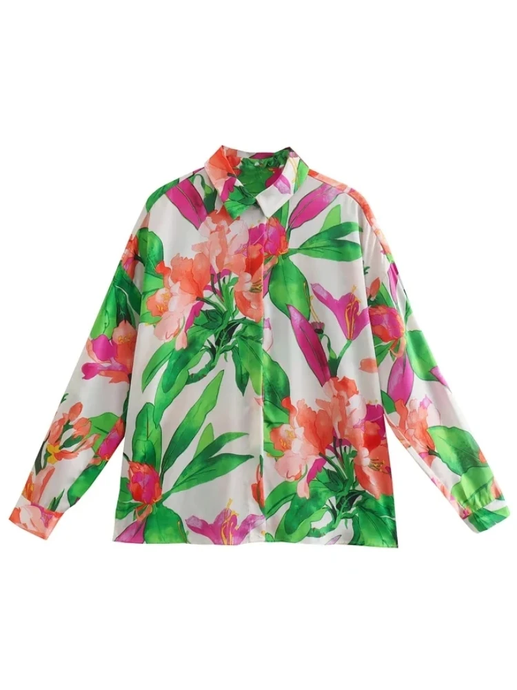 

Women Flower Printing Casual Satin Shirts Summer Female Long Sleeve Blouse Loose Smock Tops Elegant Streetwear LUJIA ALAN B355