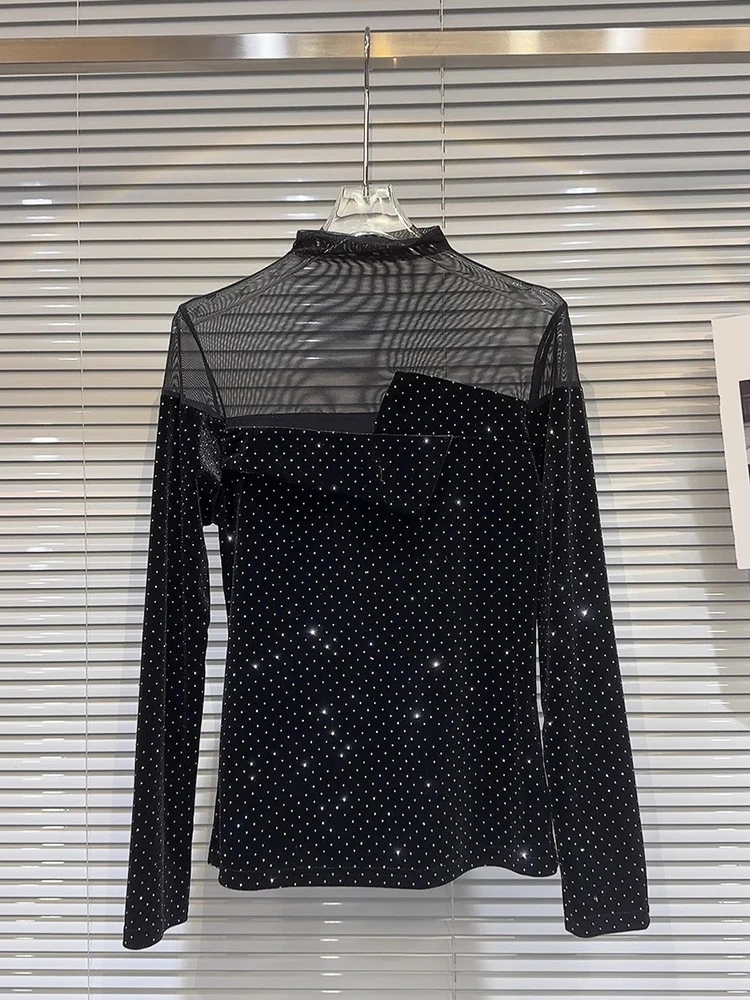 

Новинка 2023, дизайнерская модная женская футболка в стиле HIGH STREET с отделкой стразами и сеткой из бархата