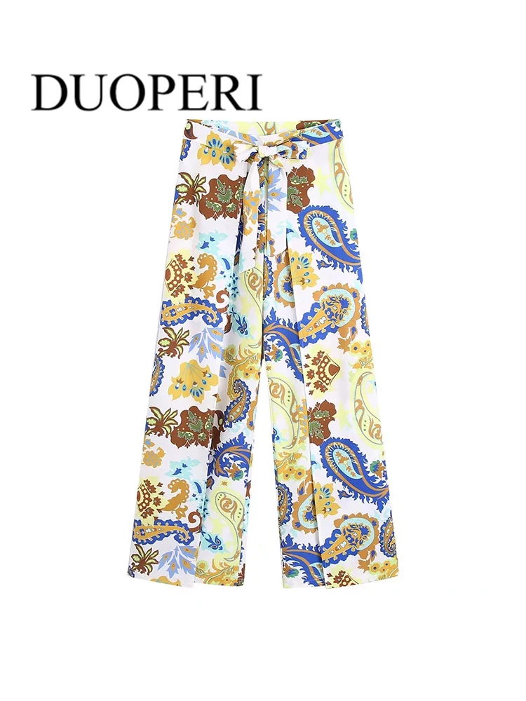 

DUOPERI Women Fashion Printed Pants With Bow Tie Vintage High Waist Zipper Fly Female Trousers Mujer Chic Outfits