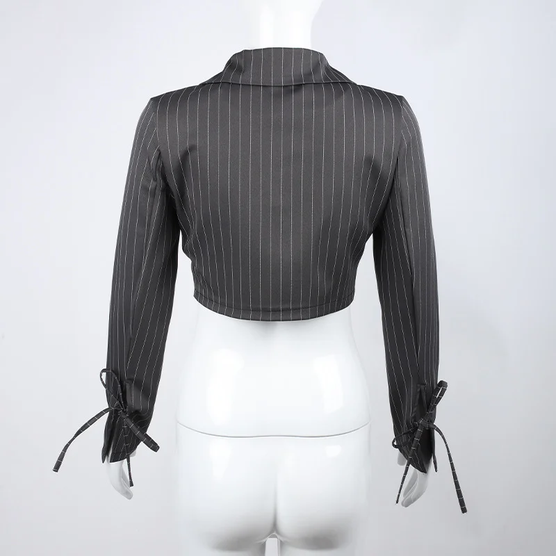 Y2k Grey Striped Short Blazer Suit with Arm Tie 2023 Women Summer Single Button Casual Office Blazer Lady Cool Sweet Short Suit
