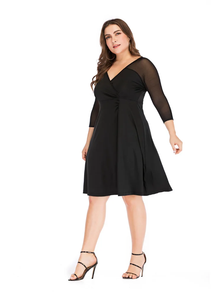 Women's Spring New Mesh Long Sleeve Spliced Solid Color Waist Large Dress plus size women clothing  party dress