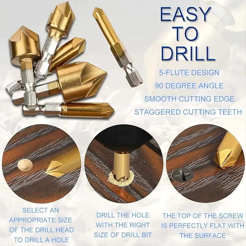 Набор Сверл С Зенковкой Ts-6 6 Шт. Шестигранный Хвостовик 1/4 Дюйма 90 Градусов 5