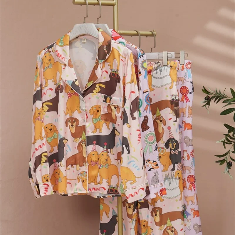 Women Pajamas High Quality Cat Show Silk Pyjama Set Hot Dog Birthday Party Silk Pajama Set Fashion Pyjamas Dropshipping