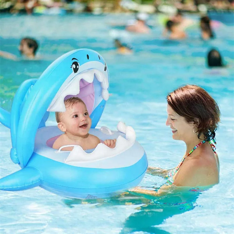 

Shark Swimming Ring with Awning Sunshade Inflatable Floating Ring Baby Float Swimming Pool for Kids Seat Air Mattress Water Toys