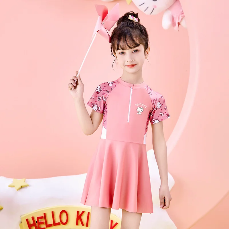 Kawaii Hello Kitty девочка цельный купальник Sanrio аниме 2024 новый летний детский купальный