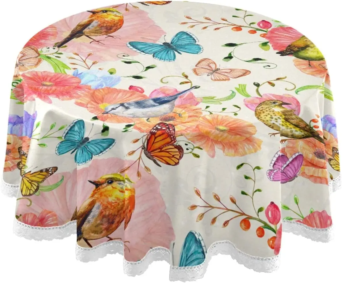 

Round Tablecloth 60 Inch Flowers and Birds Watercolor Painting Printed Lace Dining Decorative for Home Holiday Party Wedding