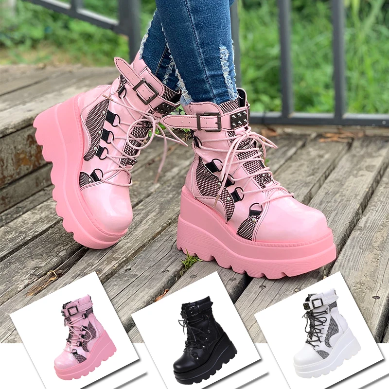 

Punk Botas De Mujer Witch Buffalo London Shoes Platform Platform High Wedges Heels Black Gothic Calf Boots Women Shoes Big