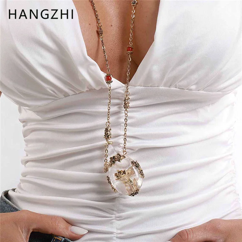 Фото Винтажное ожерелье HANGZHI с подвеской в виде цветка из смолы, длинное, с геометрическим дизайном, креативное украшение-шарм для женщин №1