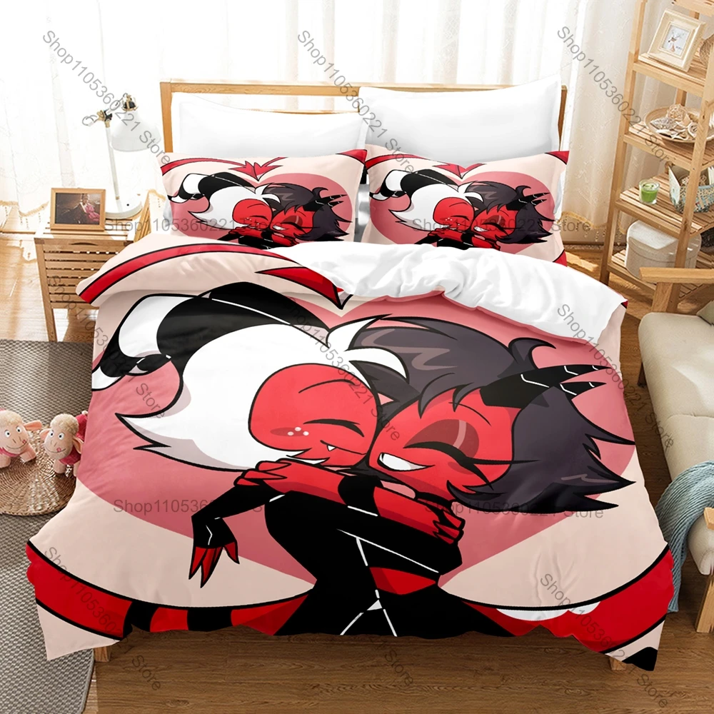 Фото Комплект постельного белья с анимационным принтом Helluva Animated Series Moxxie Millie Cute Imp Couple: 1 пододеяльник + 2 наволочки, HD цифровая печать №5