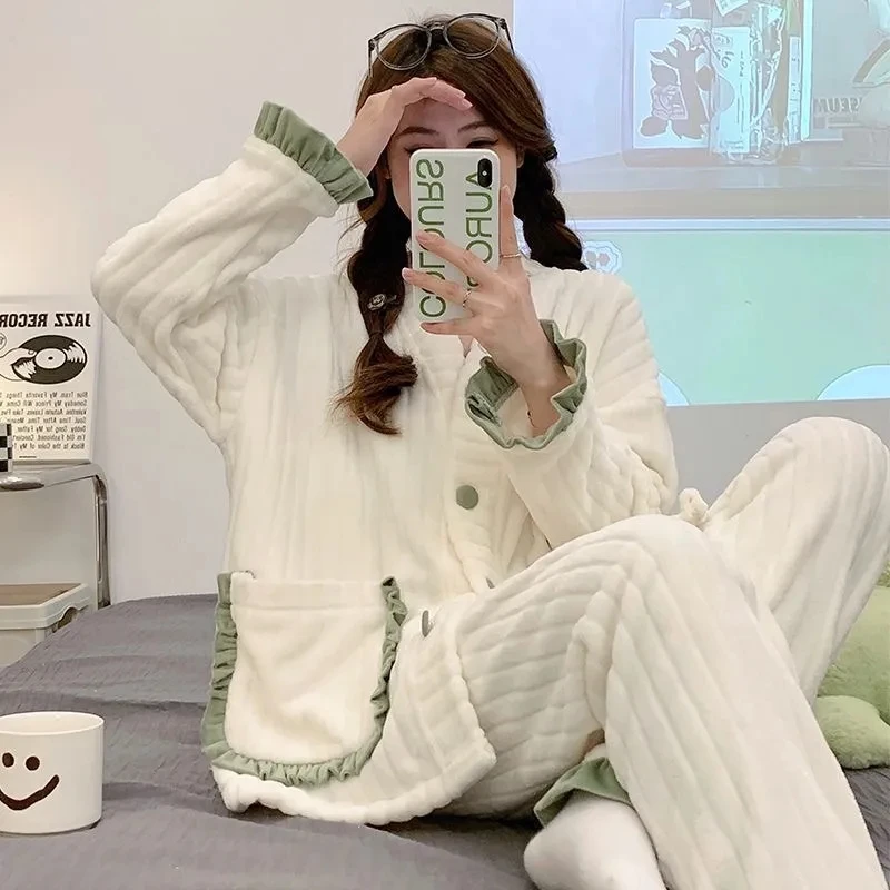 Yasuk Autumn Winter Women's Casual Lovely Sweet Girl Warm Soft Sleepwear Loose Pajamas With Pants  Velvet Simple Lace Pocket
