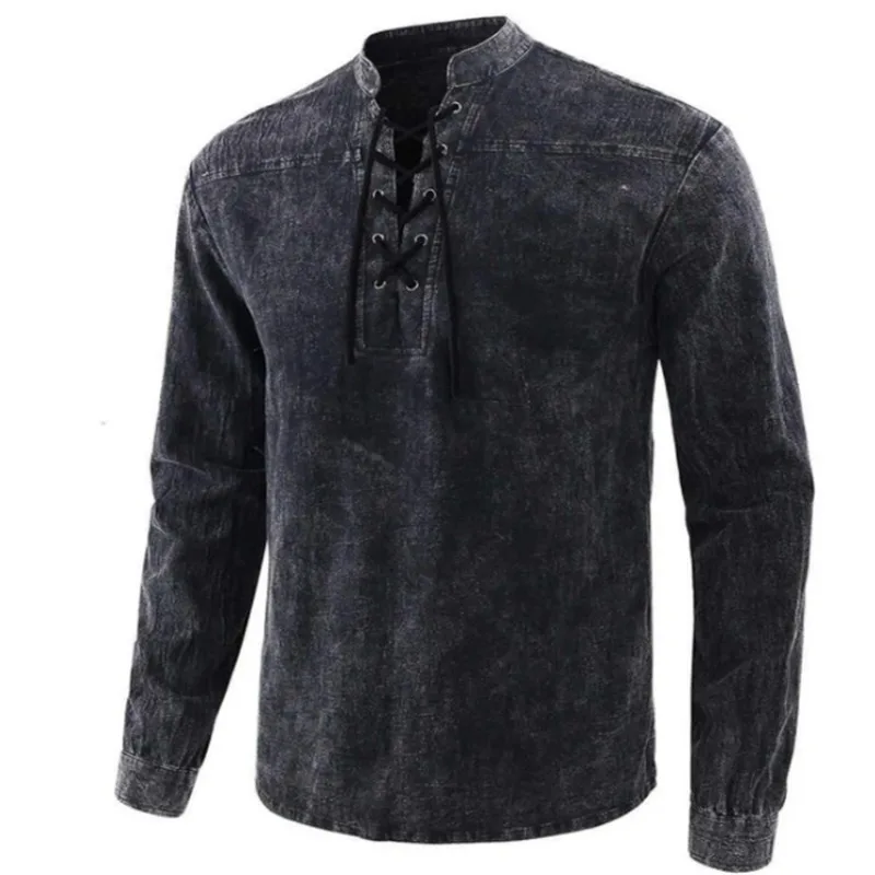 

Lace-up T-shirts for Men Blusas Camisa Masculina Ropa Camisas De Hombre Chemise Homme Tops Blouses Autumn Long Sleeve Tees