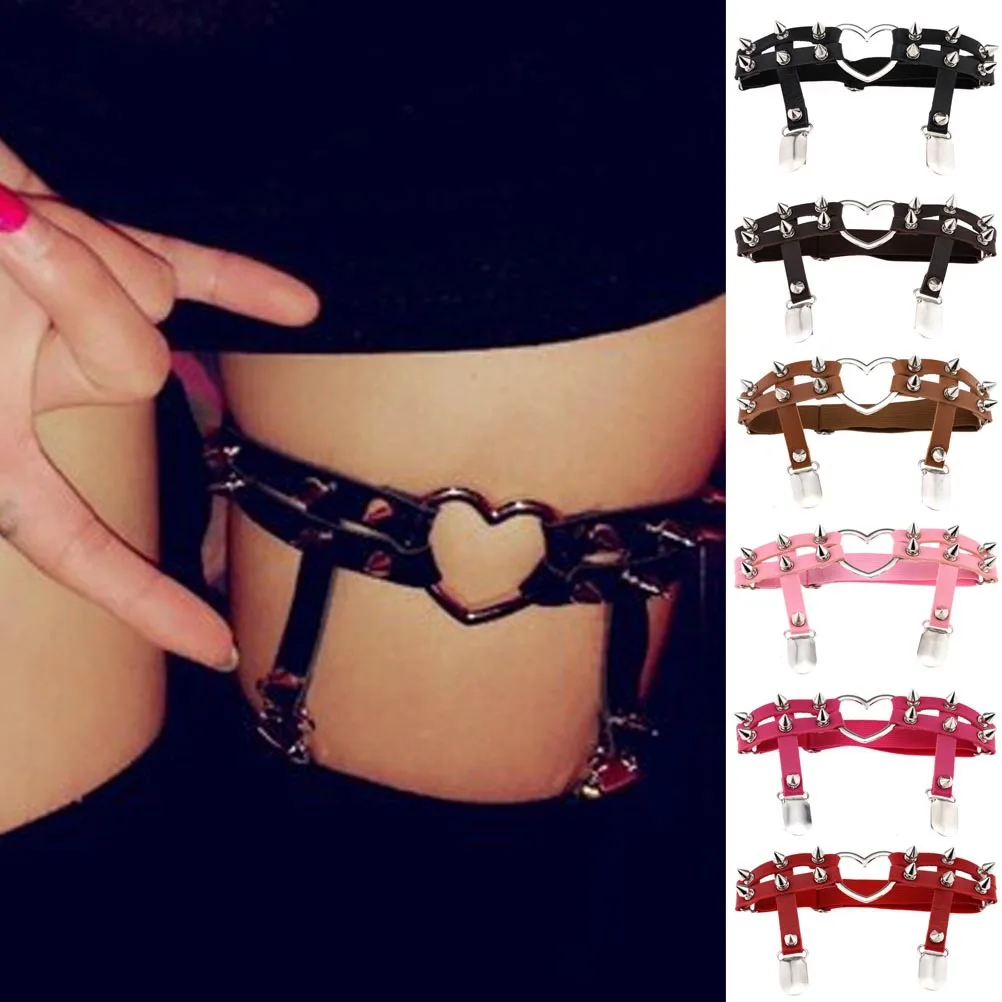 

Double Row Rivets Women Garter Leather Lingerie Heart Leg Clips Thigh Ring Bandage Goth Harness Elastic Band Sexy Garters Belt