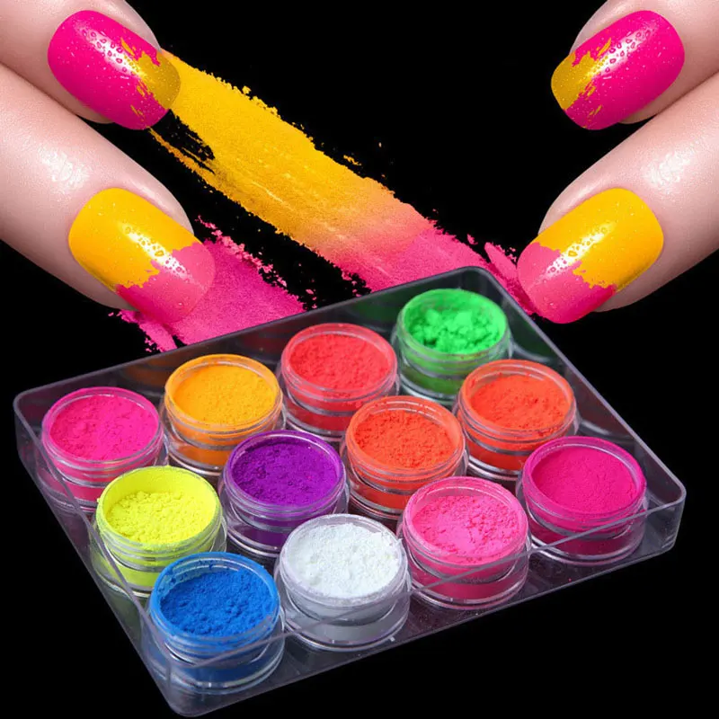 

6-12 Jars Neon Pigment Powder Fluorescent Nail Glitter Set Shinny Ombre Chrome Dust DIY Gel Polish Manicure Nails Art Decoration