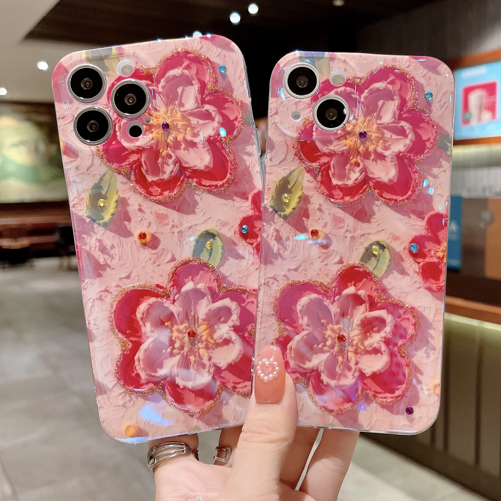 Fashion 3D Oil Painting Flower Diamond Phone Case For OPPO Reno 8 7 6 5 4 SE Z F K Pro Plus Lite Rhinestone Silicone Back Cover