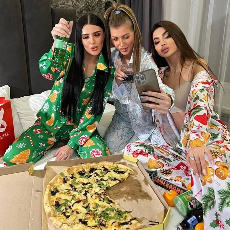 Autumn Winter Women Long Sleeve Pajamas Set Loose Lapel Blouse Shirt Homesuit Casual Print Christmas Sleepwear 2 Piece Suit 2022