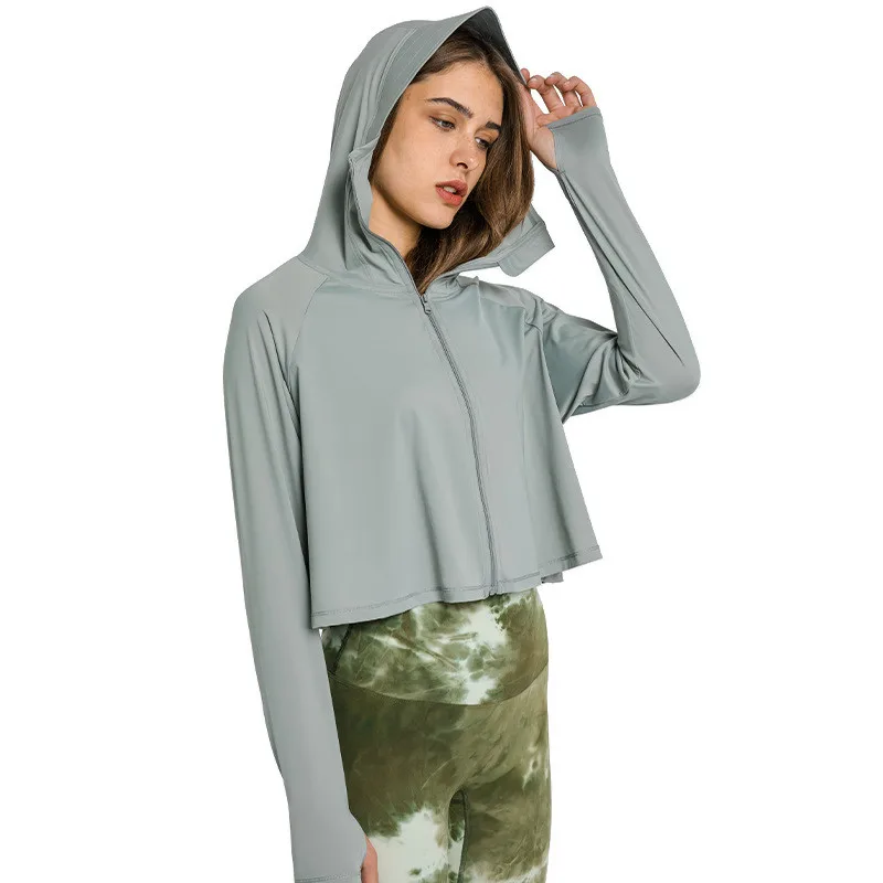 

Solid Color Long Sleeve Hooded Yoga Shirt Sun Protection Clothe Women Section Uv Protection Loose One Size Protection Shirt Hat
