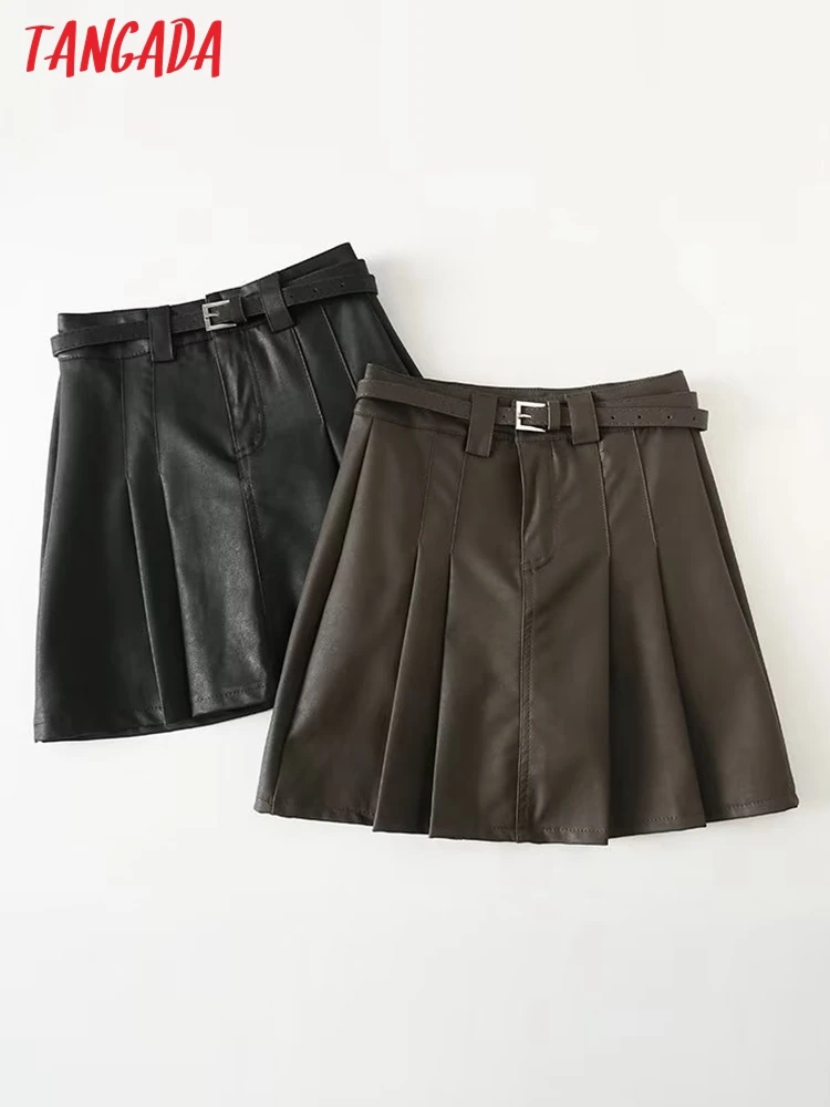 

Tangada 2022 autumn winter women solid faux leather skirts with belt female mini skirt YU240