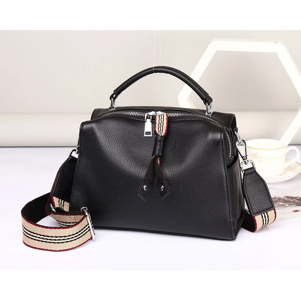 Fashion Trend Genuine Leather Woman Handbag Purse Wide Striped Strap Shoulder Bag High Capacity Boston Bags Female Crossbody Bag