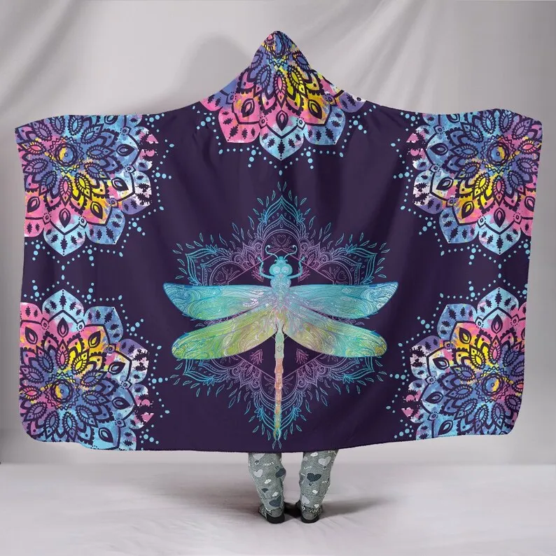 

Blue Mystical Dragonfly Mandala Hooded Blanket - Lotus Sacred Geometry Throw, Spiritual Meaning Of Life, Celestial Wearable Blan