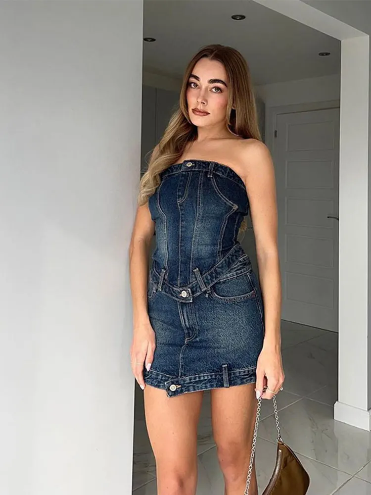 

Соблазнительное дизайнерское джинсовое мини-платье, женские модные уличные мини-юбки с высокой талией, новинка 2023, летние женские синие художественные юбки