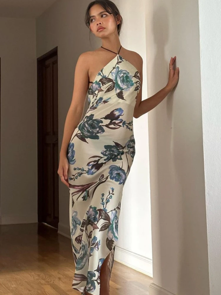 

Элегантное платье-макси с цветочным принтом, женское летнее сексуальное облегающее платье без рукавов с открытой спиной, женское праздничное Клубное пляжное платье, новинка 2023