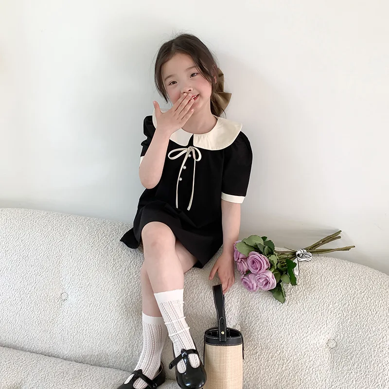 

Girls Dress Summer Black Dress Elegant Party Lovely and Sweet Princess Dress Kids Clothes Knee-Length All-match Doll Collar