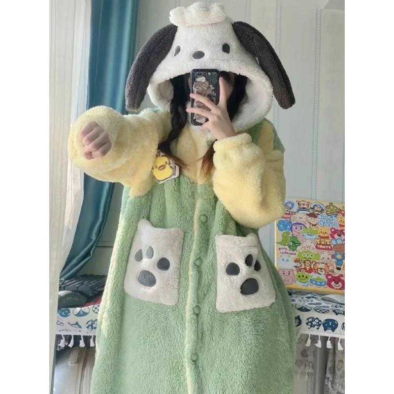 

Winter Women Sweet Hooded Nightgown Robes Set Coral Fleece Pajamas Sets Cute Dog Ears Plush Warm Homewear Cartoon Sleepwear Suit