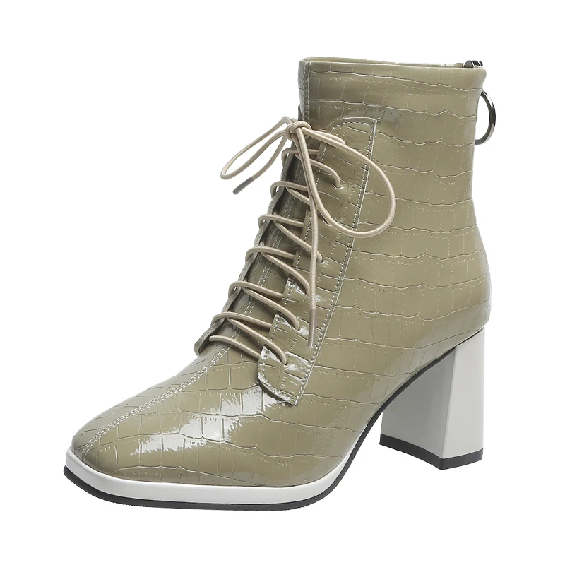 

Autumn and Winter New Thick Heel Ladies Short Boots Square Toe Short High Heel Fashion Boots Lace Up Back Zipper Women Shoes