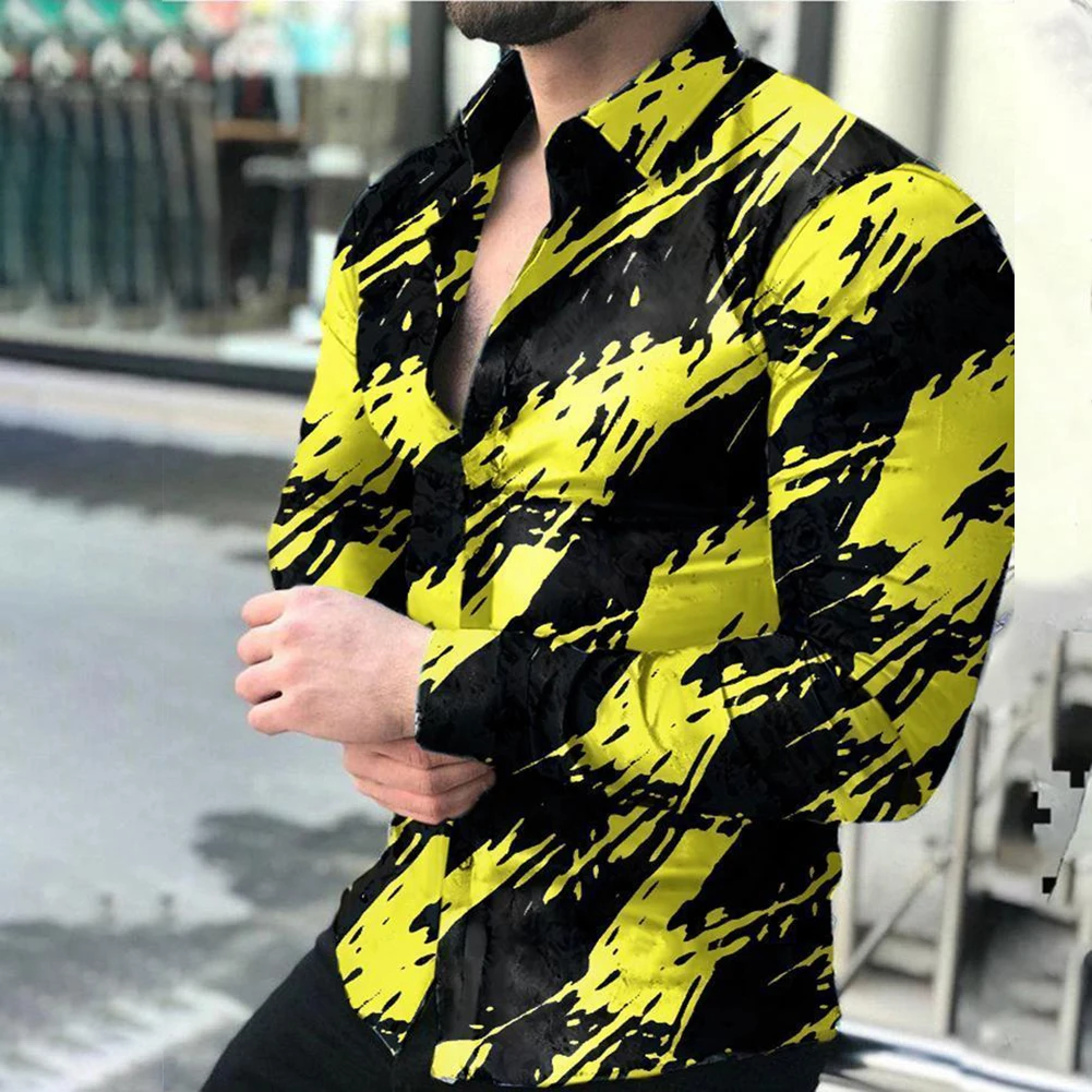 Spring European And American Popular Casual Men's Sports Shirt Street Trend 3d Colorful Printing Long-sleeved Lapel Shirt S-3XL