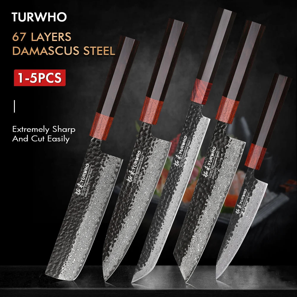 

TURWHO Japanese 1-5PCS Hand Forged 67 Layer Damascus VG10 Steel Core Chef Knife Kiritsuke Knife Professional Kitchen Knives Set