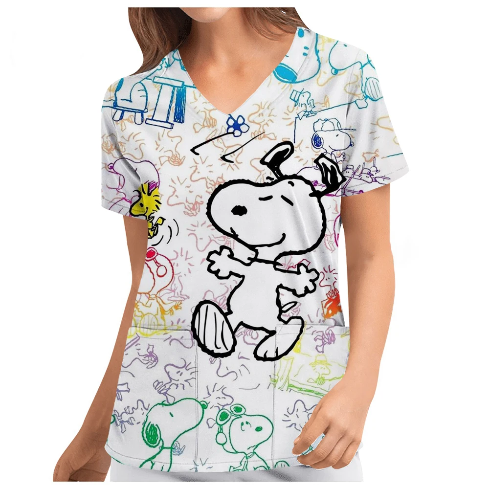 Pocket Women's T-shirt V Neck Nurse Uniform T-Shirt Y2k Clothes Snoopy S-2XL Cheap Top New Hospital Woman Clothing 2024