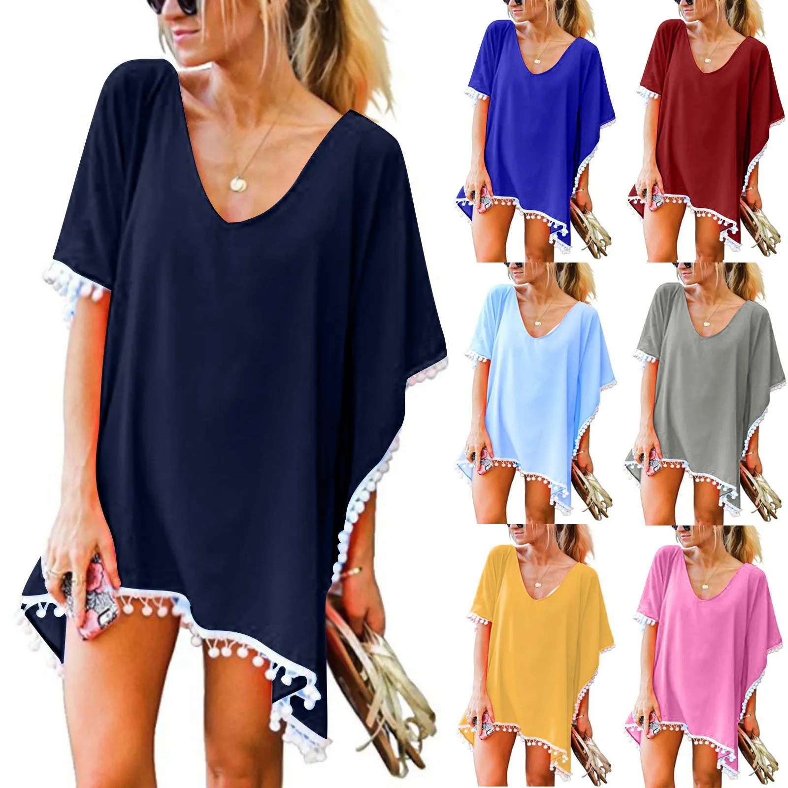 

Chiffon Tassels Beachwear Women Swimsuit Cover Up Swimwear Bathing Suits Mini Summer Dress Loose Solid Beach Pareo Cover Ups