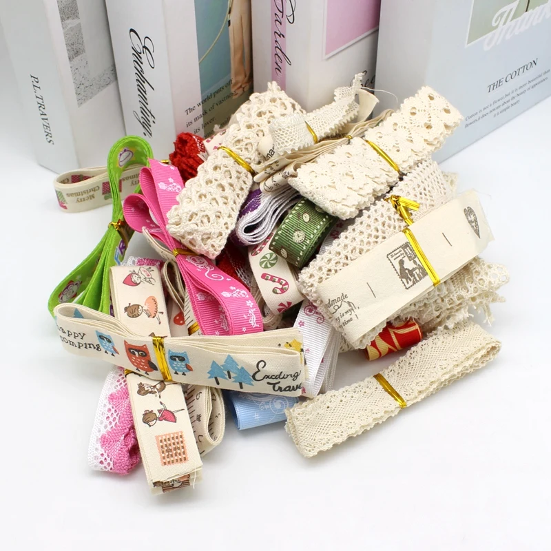 10 или 20 шт./партия (1 шт. = 1 ярд) смешанные хлопковые кружевные ленты с принтом