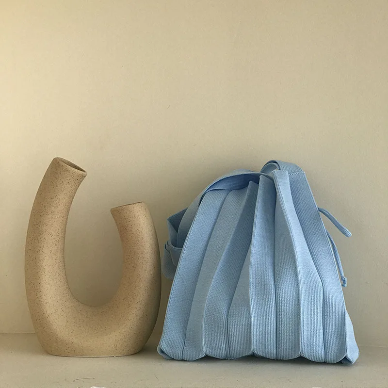 Candy Color Foldable Strapped Tote Bag for Women 2023 Wool Knitted Pleats Handbag Fashion Shoulder Shopper Bag Bolsa Feminina