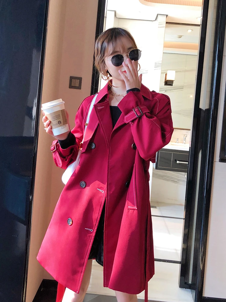 Fashion Windbreaker Women's Clothing 2022 New Spring Autumn Korean Slim Double-breasted Short Red Trench Coat Woman Outwear P133