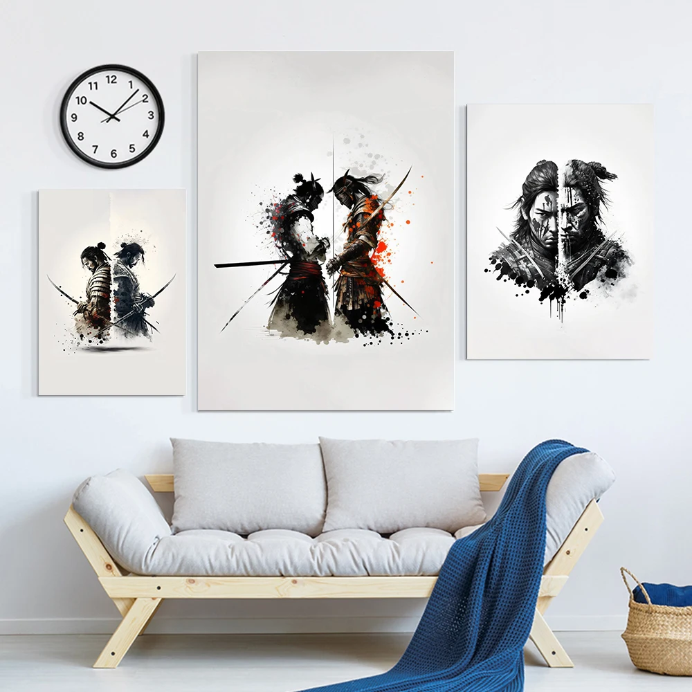 

Japanese Samurai Two Souls Black and White Ink Posters Prints Abstract Canvas Paintings Living Room Wall Art Pictures Home Decor