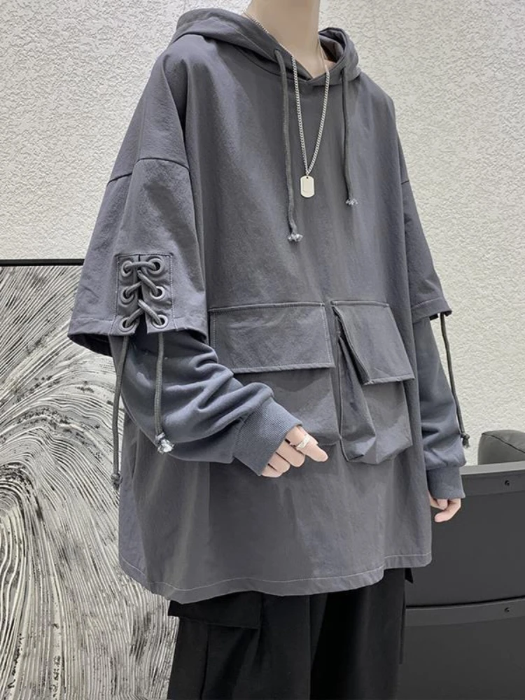

2022SS Hooded Sweatshirt Men's Loose Pullover Workwear Jacket Korean Fashion Multi-pocketed Preppy Tops Tether Techwear Hoody