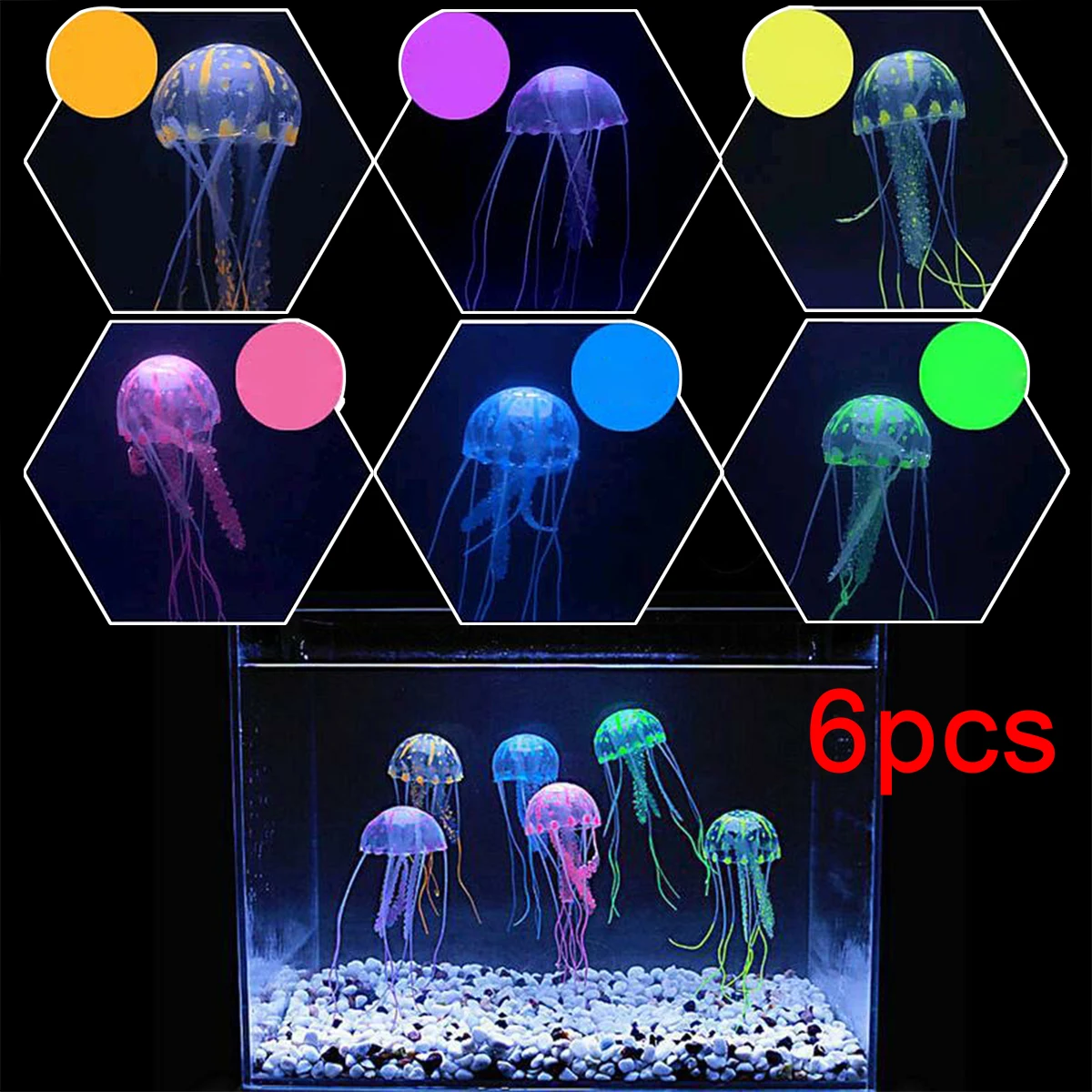 

6Pcs Glowing Effect Jellyfish Fish Tank Aquarium Decoration Mini Submarine Colorful Artificial Ornaments